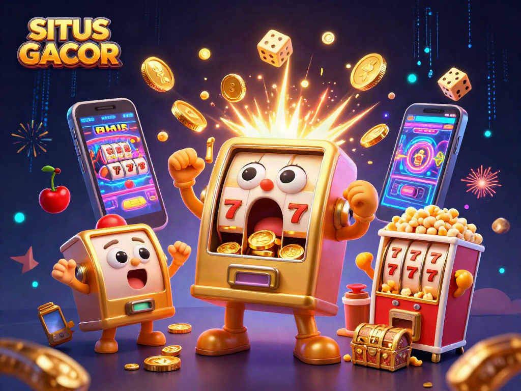 SITUS GACOR slot machine hitting jackpot with coins exploding, surrounded by cheering characters and dynamic game elements.