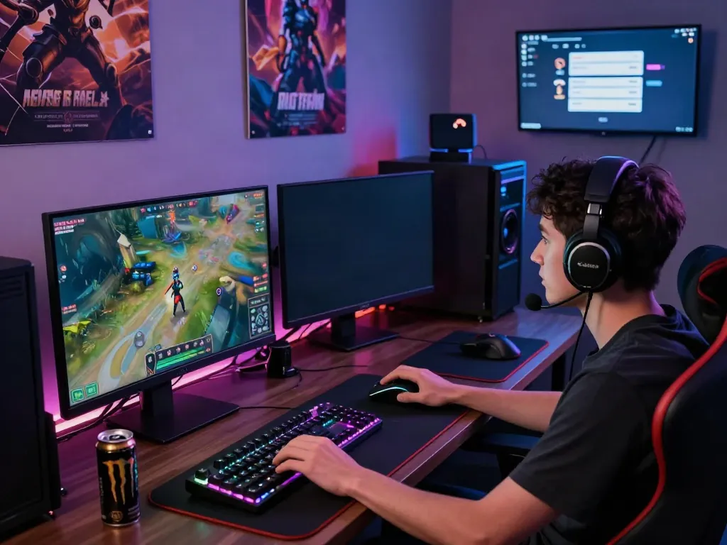Gambaran gaming dinamis dengan pengguna yang asyik dalam sesi permainan online, menampilkan login nyonya4d di monitor dan alat gaming modern.