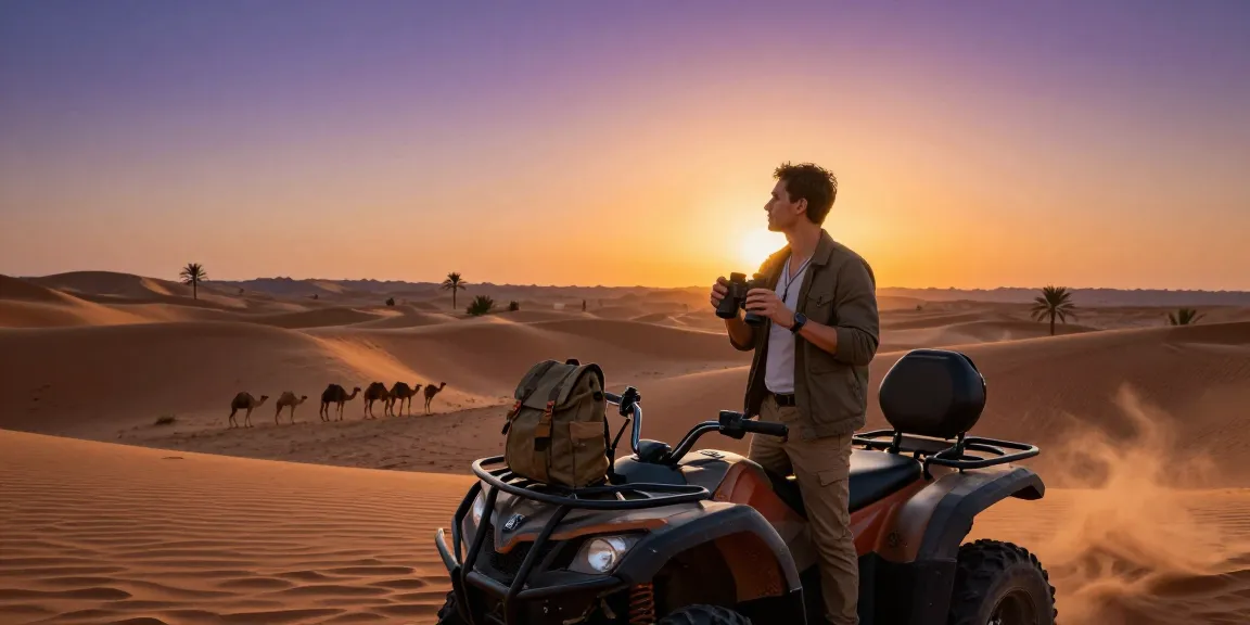 Explorer enjoying a desert safari sunset scene with a focus on discovering new slots in the landscape.