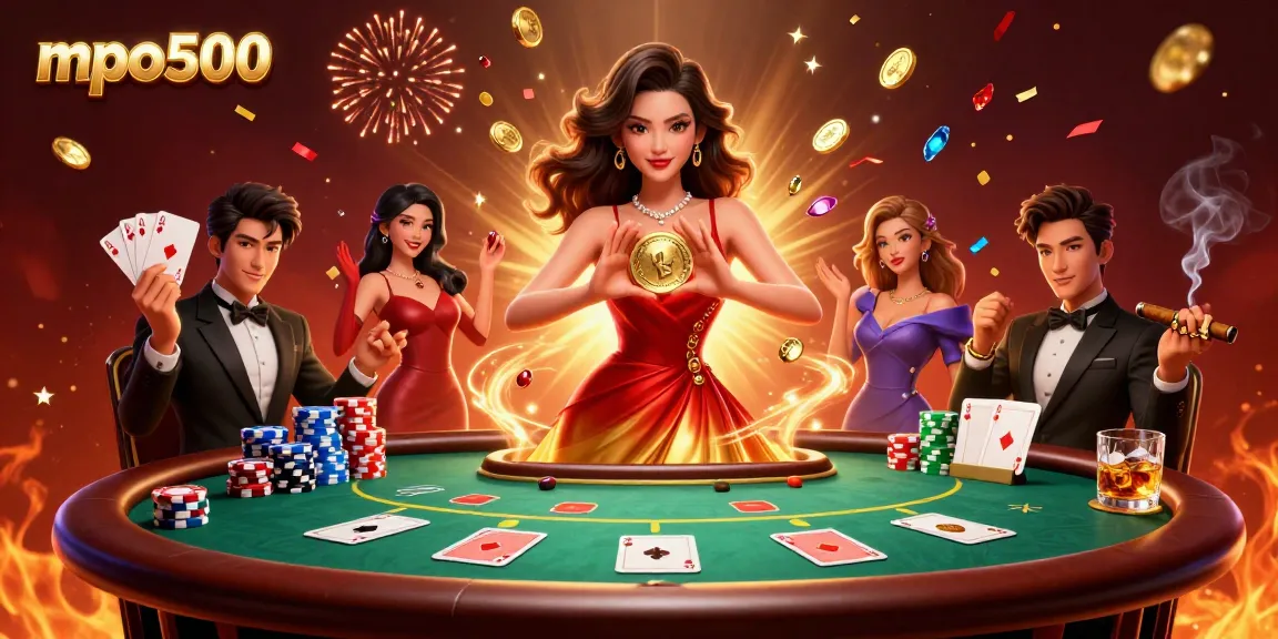 MPO500 empowers players with stunning visuals and casino experience, featuring a vibrant Asian woman holding a golden coin amidst dynamic poker elements.