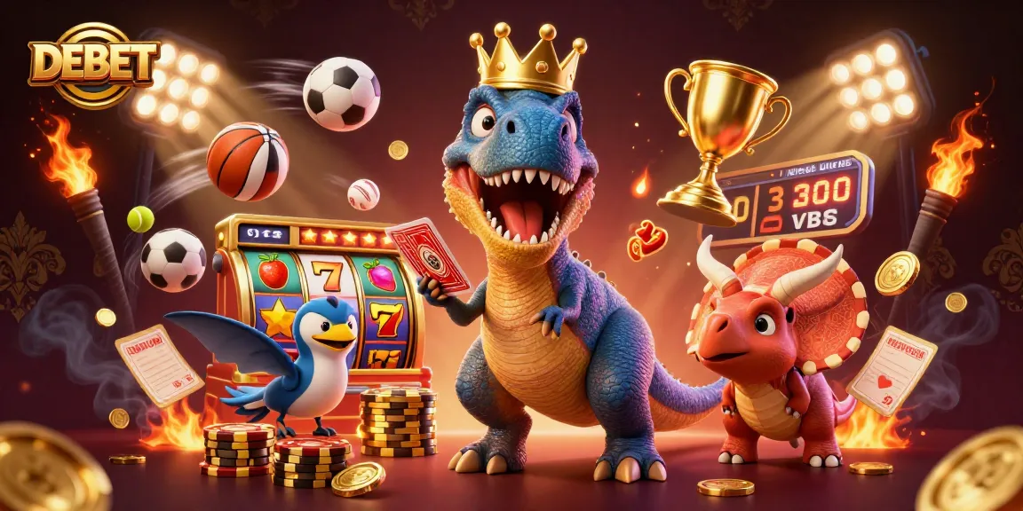 DEBET's friendly T-Rex shuffles cards in a vibrant casino scene filled with dynamic elements.