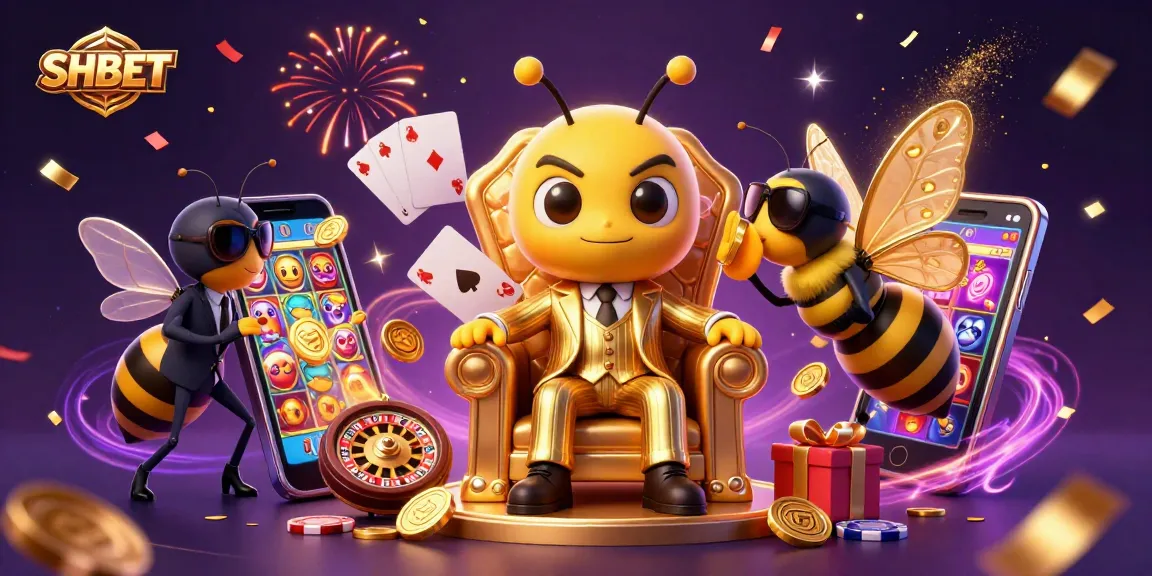 Engage with SHBET's thrilling casino games, featuring colorful slot reels and dynamic characters in action.