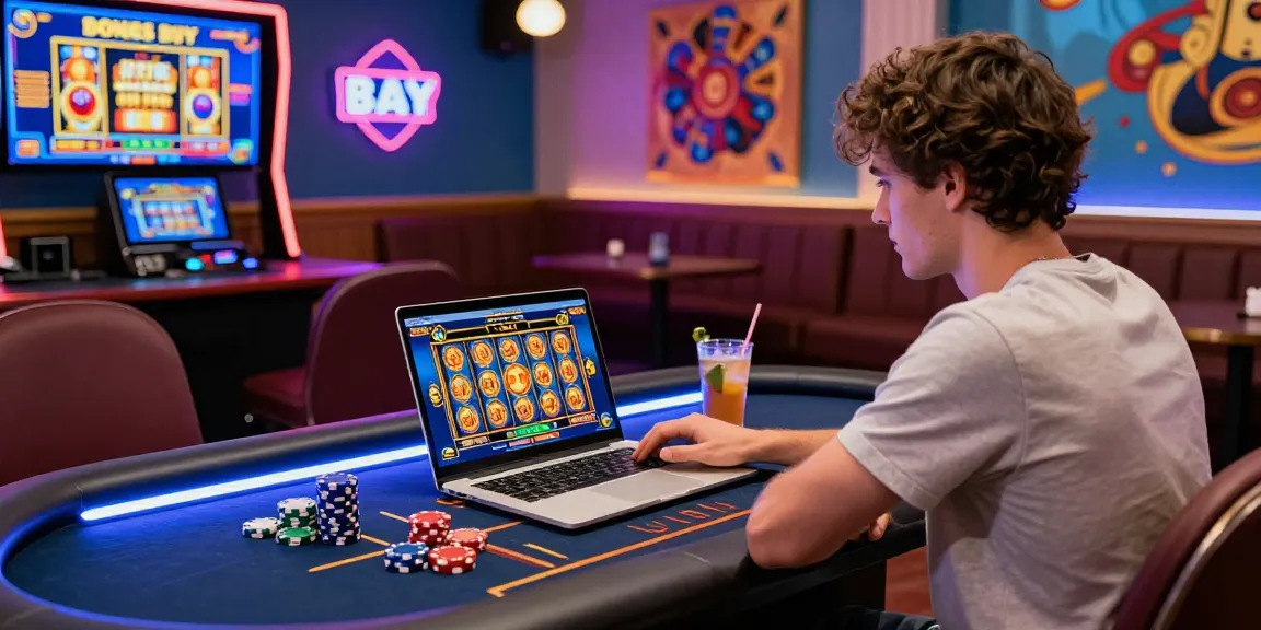 Exciting gaming setup featuring a player enjoying bonus buy slots on a laptop, surrounded by casino chips and ambient lighting.