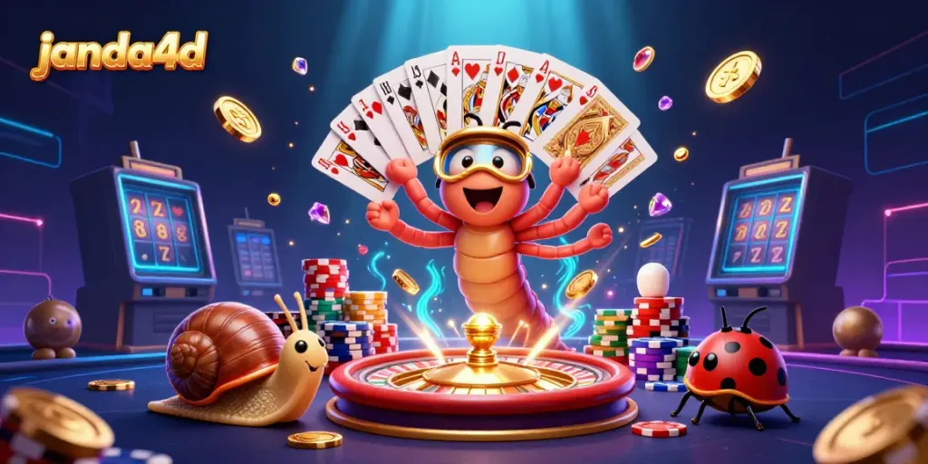Menang di janda4d dengan dealer mainan dan tumpukan chip besar dalam ilustrasi kasino