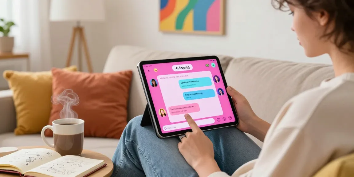 Engaging user interacting with sexting AI on a tablet in a cozy setting, showcasing modern digital intimacy.