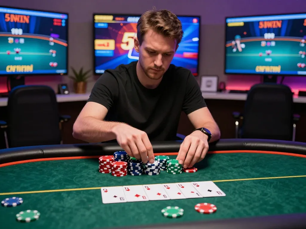 56WIN players strategizing during an intense online poker game with colorful displays and a focused atmosphere.