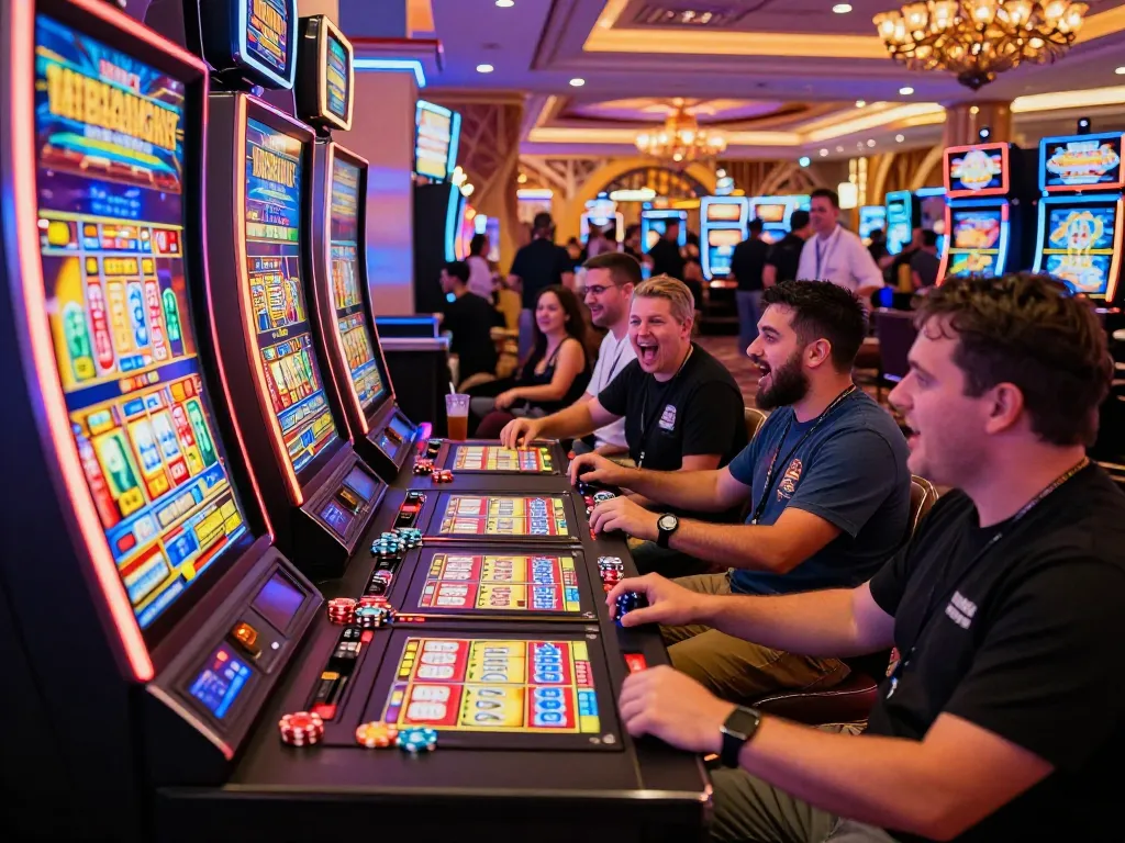 Players engaging with a link slot machine in a vibrant casino atmosphere