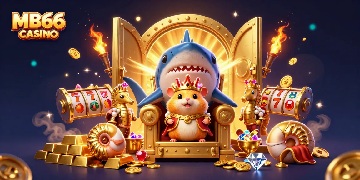 Engage with the excitement of MB66 CASINO featuring a fierce hamster king on a megalodon throne amid treasures and gameplay elements.