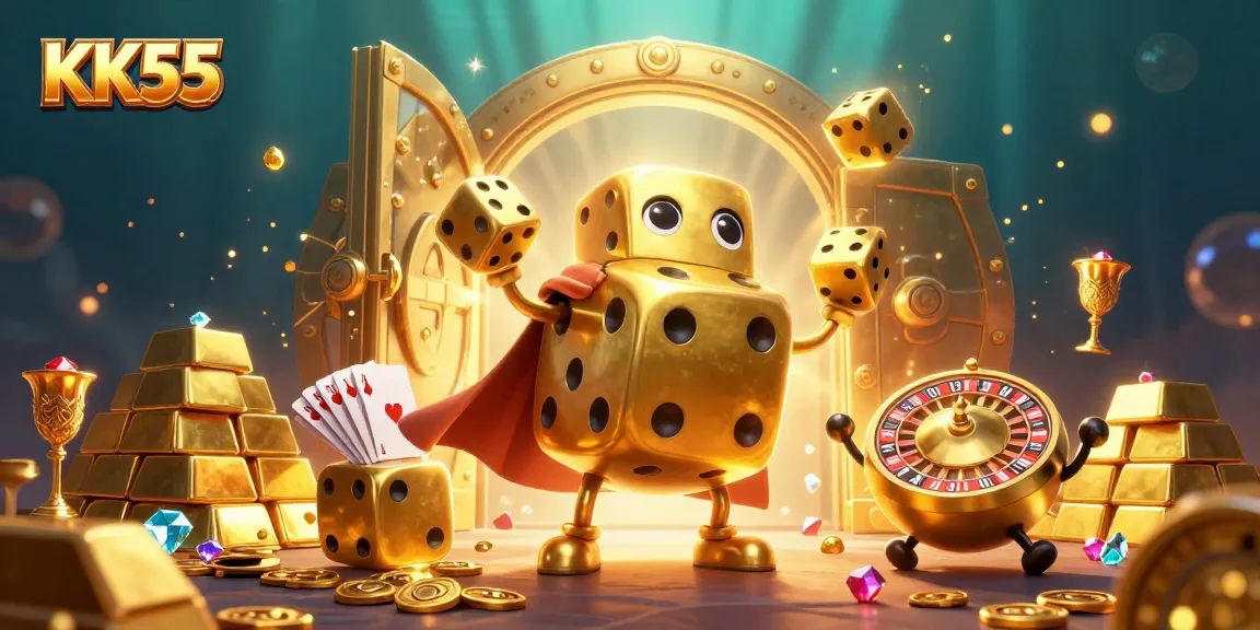 Experience thrilling games at KK55 with an extravagant illustration of a golden dice golem and treasures.
