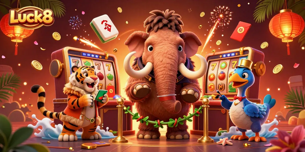 Win big at Luck8 with a vibrant casino scene featuring a woolly mammoth bouncer and a saber-tooth tiger guest.