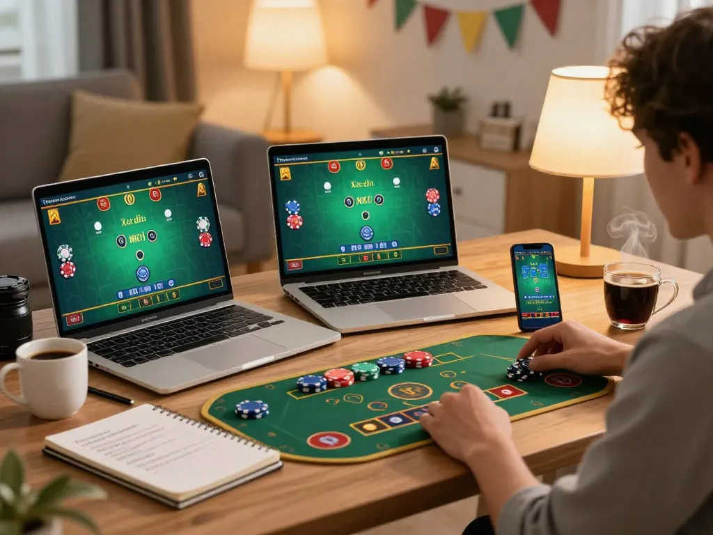 xóc đĩa players enjoying an online game setup, featuring laptops and smartphones with betting options visible