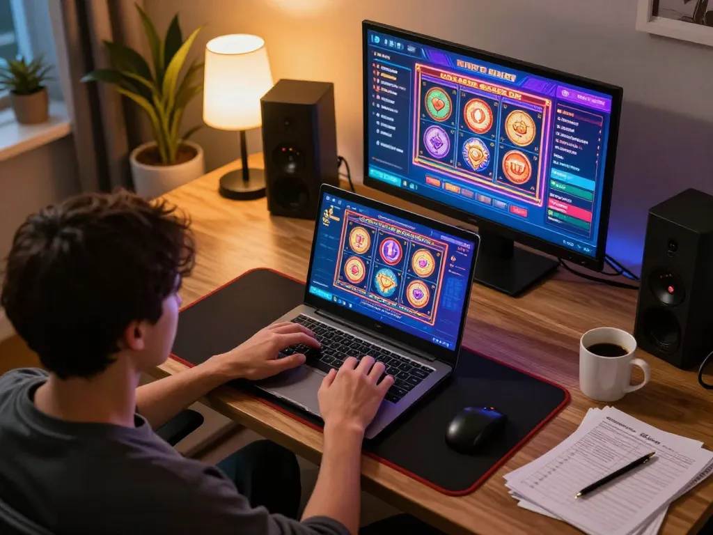 Engaging in online slot games at https://luckywin.solutions/ in a stylish home office.