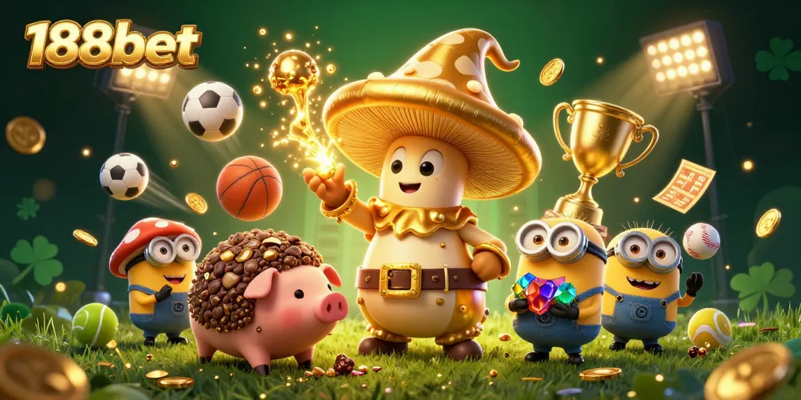 Experience the magic of 188bet with a whimsical 3D illustration featuring a golden mushroom wizard and sports elements.