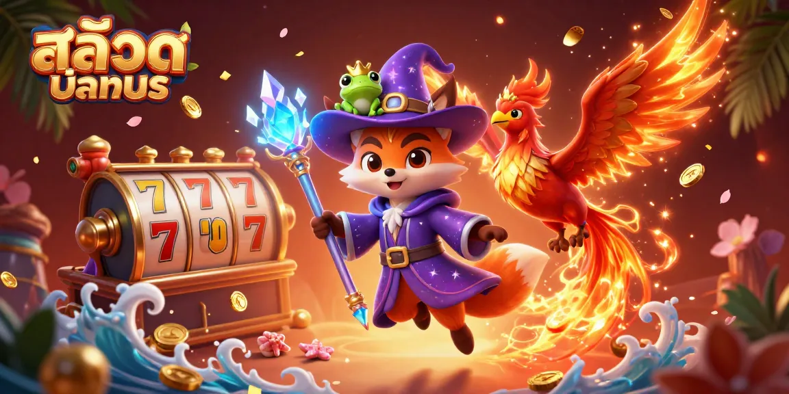 Play สล็อตทดลอง with a magical scene featuring a wizard fox, phoenix, and vibrant casino elements.