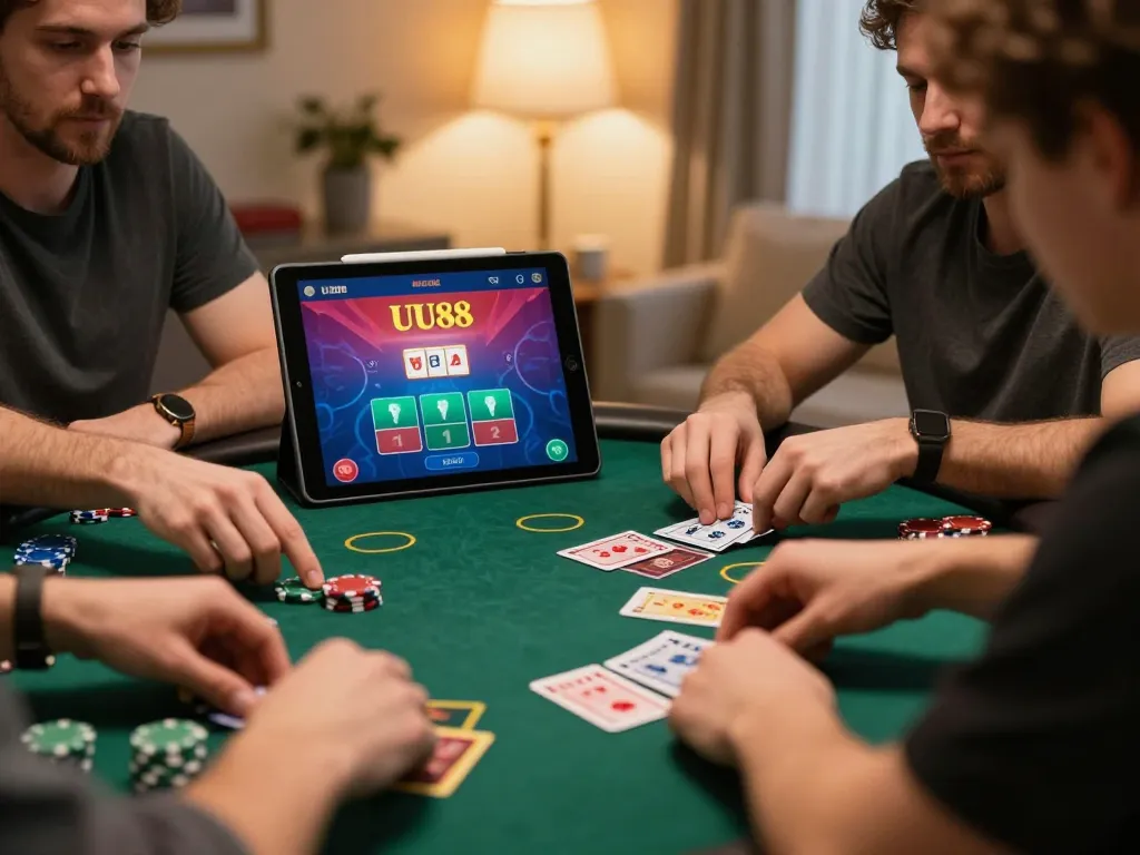 Engaged player strategizing blackjack on UU88 online casino, cozy home setting with tablet interface.