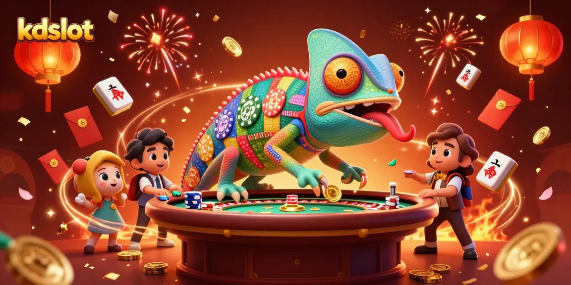 Engage with kdslot through a vibrant 3D illustration showcasing a chameleon casino owner and festive gaming elements.