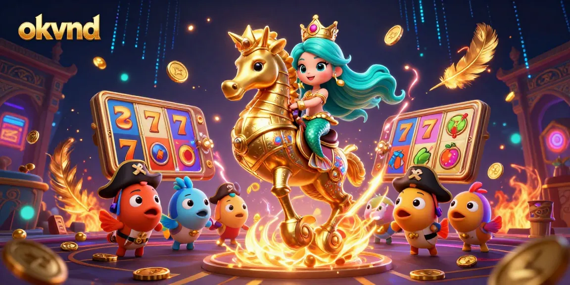 Experience the excitement of okvnd with a vibrant mermaid-themed casino game illustration showcasing elements like slot reels and gold coins.
