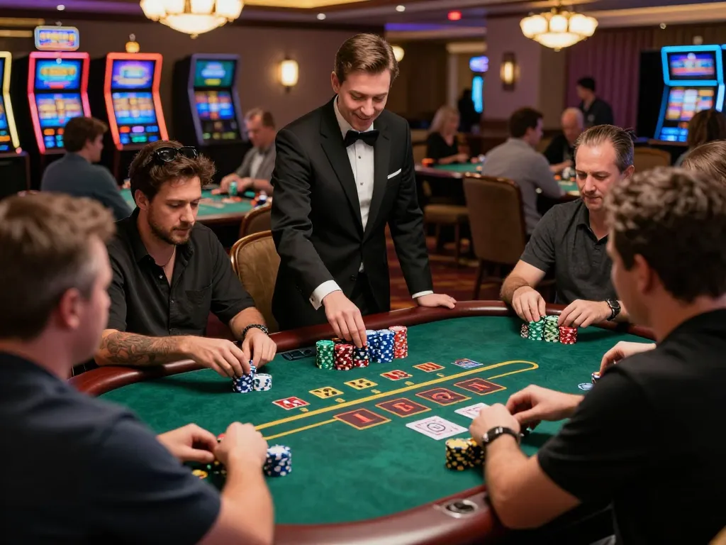 Engage with live blackjack action at luckyindex, featuring players and dealer in an upscale casino environment.