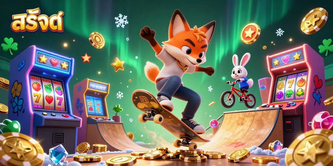 Engage in สล็อต fun with a vibrant scene featuring a fox and rabbit in a dynamic casino-themed environment.
