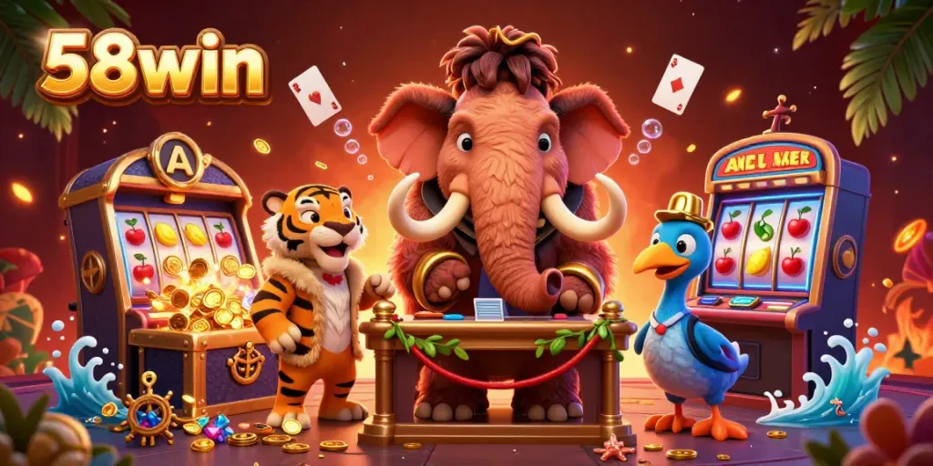 Watch the 58win mammoth bouncer check IDs as bright slot machines sparkle behind in a lively casino scene.
