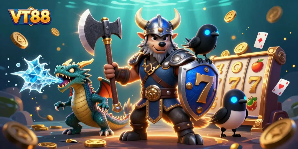VT88 engages players with exciting slot reels and vibrant casino elements in a dynamic illustration.