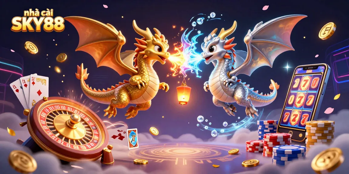 Engage with nhà cái SKY88 through a vibrant, dynamic casino scene featuring golden dragons and rich gaming elements.