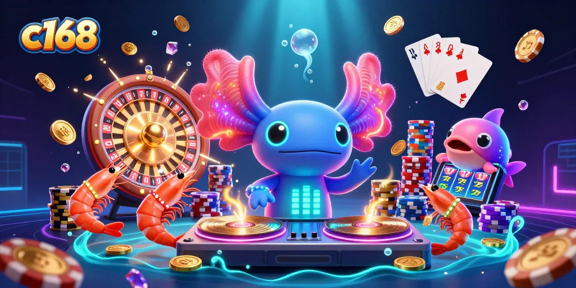 C168 players winning big with vibrant game elements in a lively, underwater-themed casino scene.