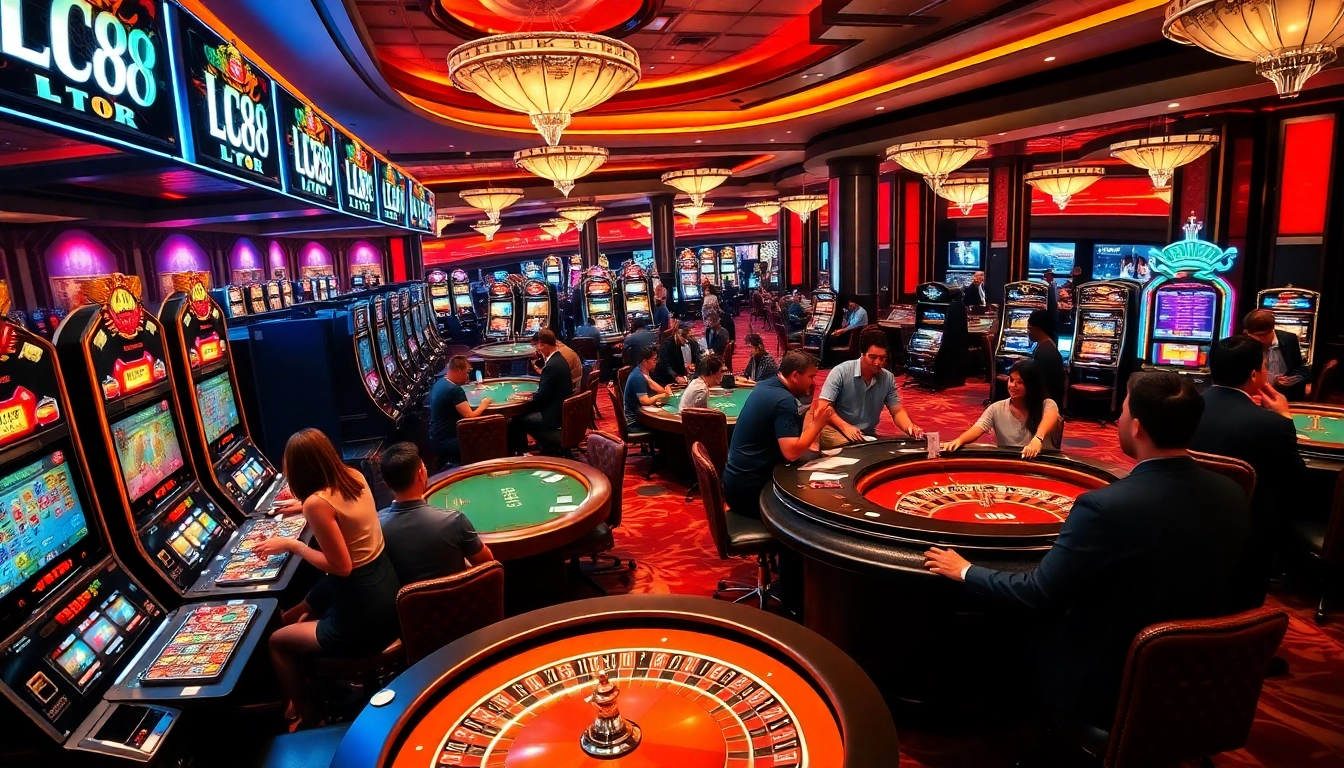 Exciting atmosphere at LC88 casino with players engaging in high-stakes gaming.