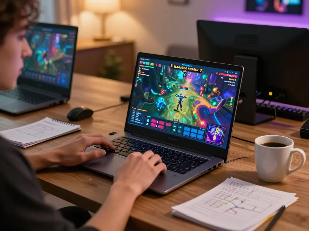 NAGA2000 player engaged in online slot gameplay with strategy notes in a vibrant home workspace