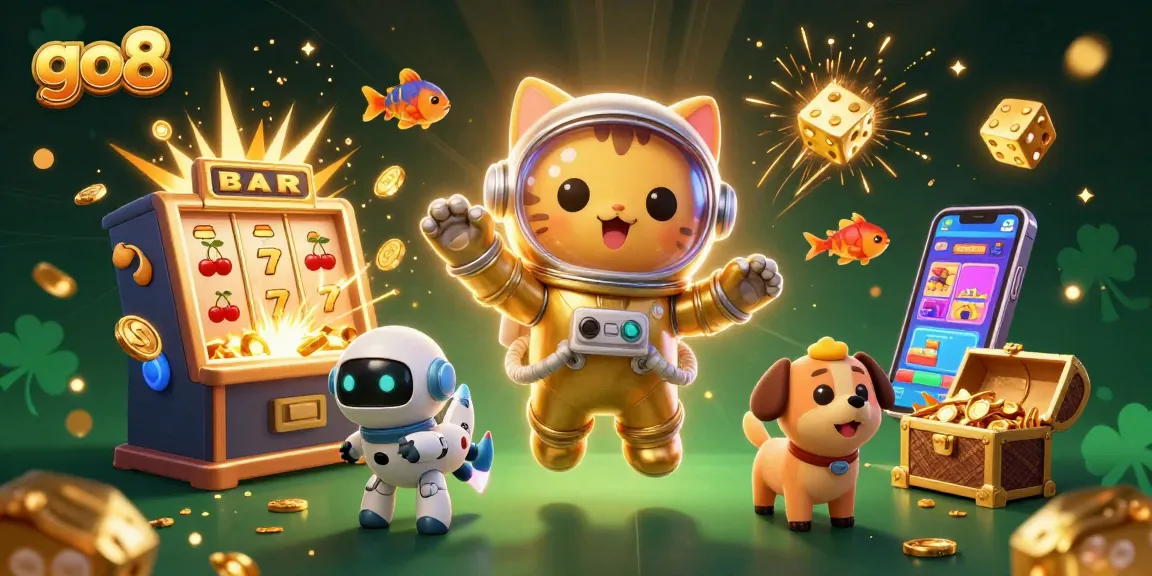 Experience go8's vibrant gaming atmosphere with a thrilling jackpot explosion and lively characters.