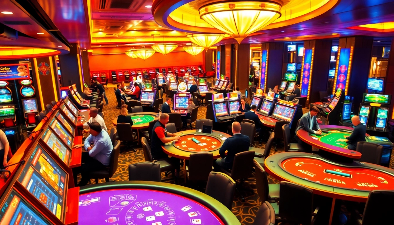 Aktive Spieler bei casinospielen in einem lebhaften Casino mit bunten Lichtern.