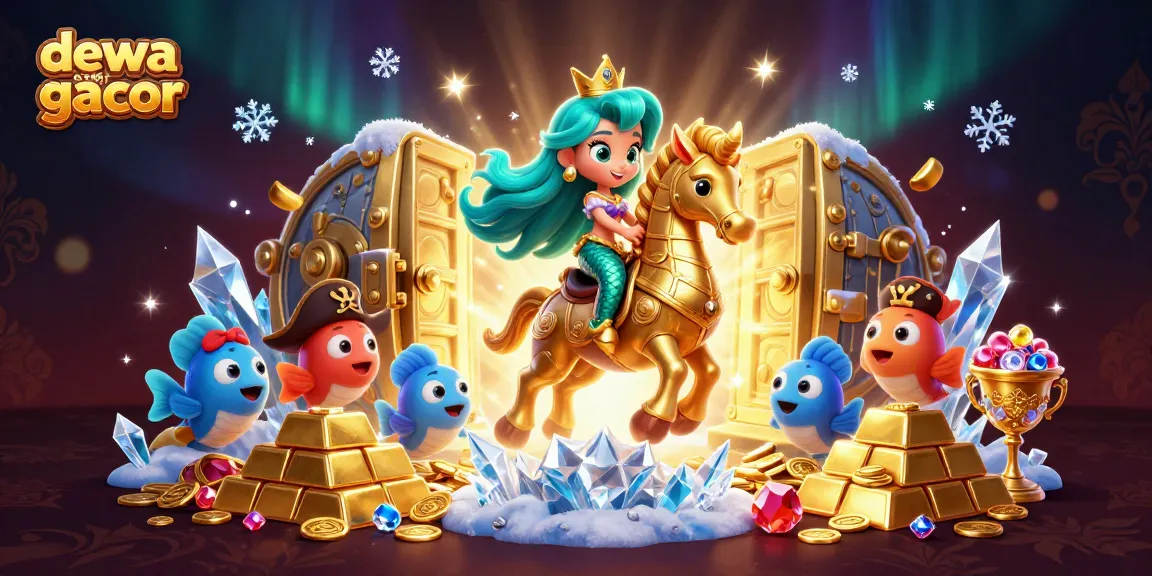 Menggunakan dewa slot gacor, mermaid 3D berwarna turquoise menunggang kuda laut berarmor emas, dikelilingi tumpukan harta berkilau.