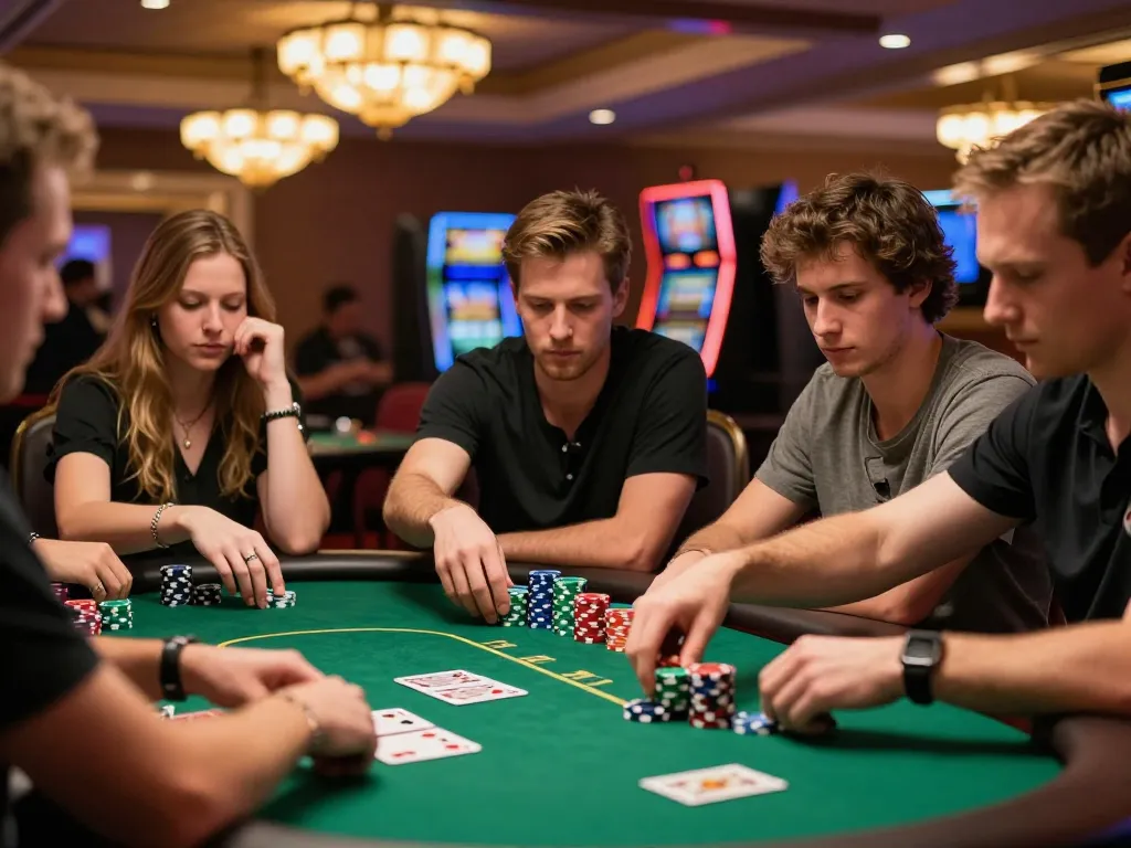 A thrilling poker game scene with players focused on their cards and stack of chips, showcasing the excitement of โป๊กเกอร์.