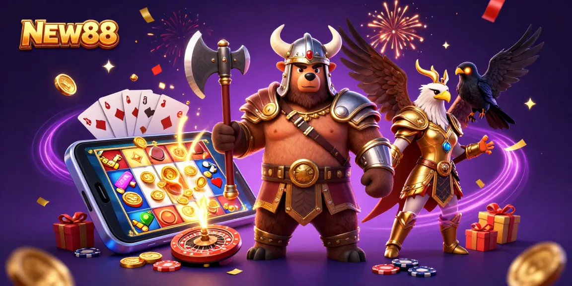 Experience exhilarating gaming at NEW88 with vibrant slot scenes and dynamic character action.