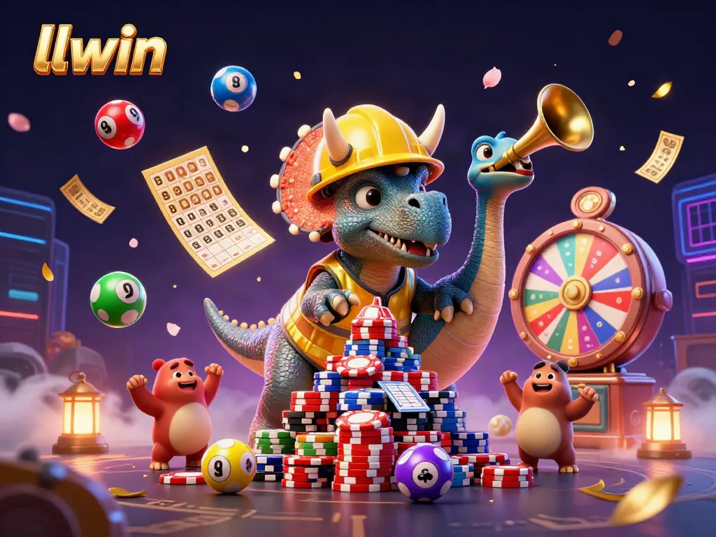 Engage with llwin’s thrilling atmosphere, featuring a triumphant triceratops and vibrant lottery elements.