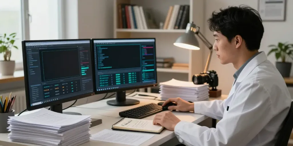 The hidden wiki research setup showing a professional studying dark web data analysis in a cozy home office.