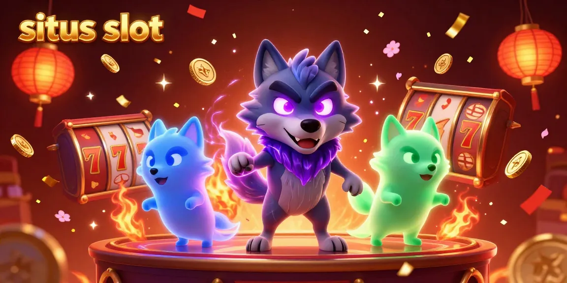 Situs slot illustration with glowing wolf characters and dynamic casino elements like slot reels and gold coins.