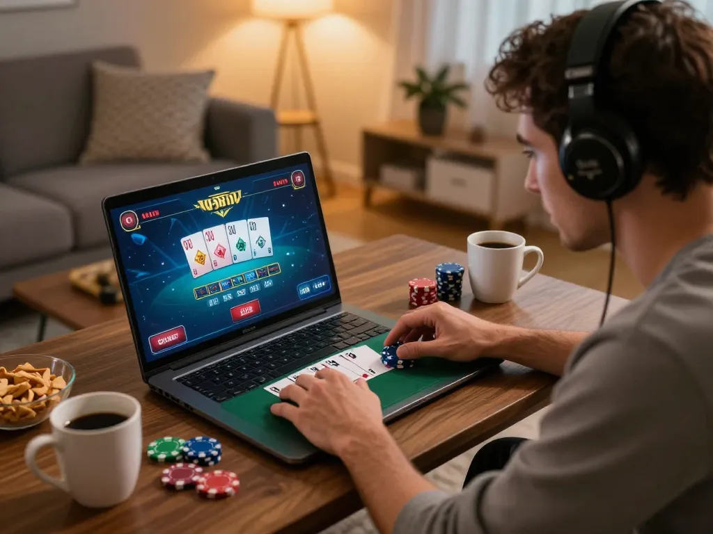 spinadvisor user placing bets while playing blackjack online in a cozy home setting
