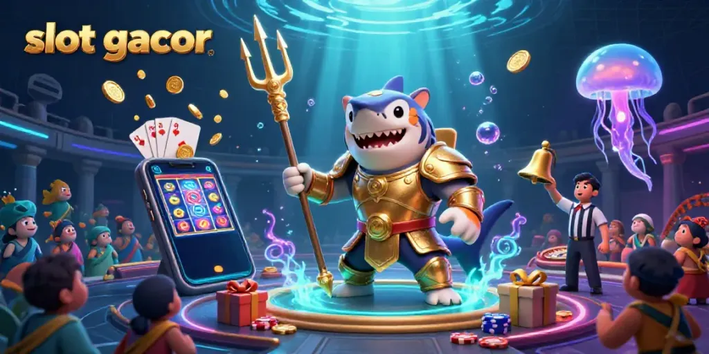 Experience thrilling slot gacor excitement with a cartoon shark and vibrant casino elements.