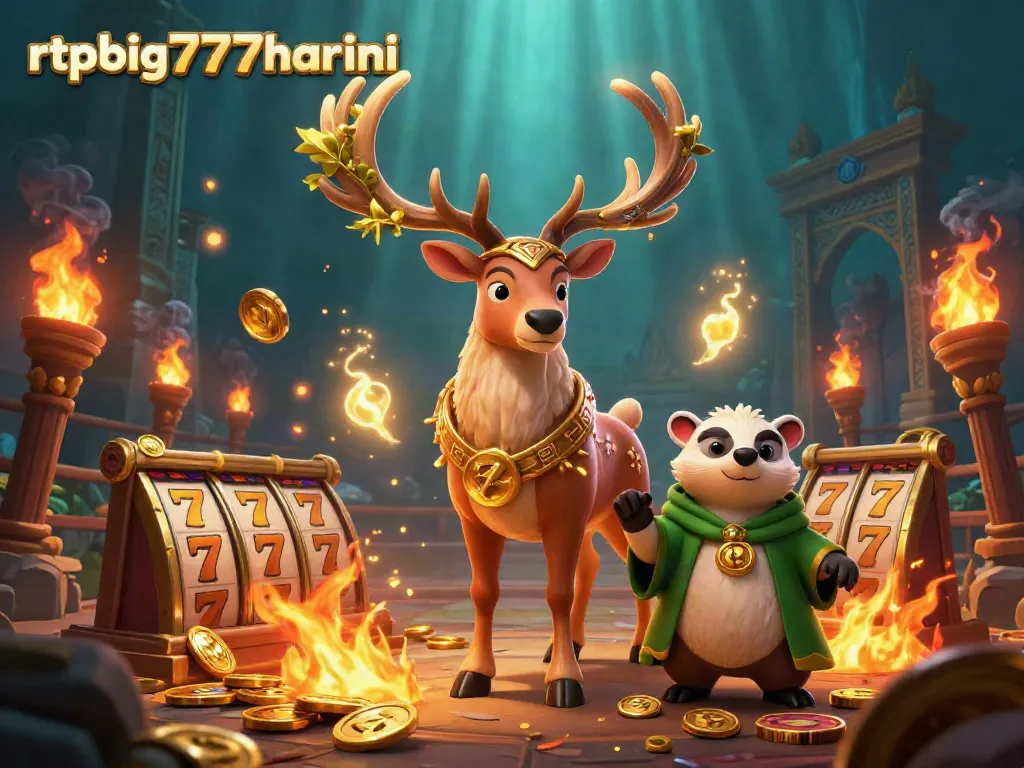 Engage with rtpbig777hariini's winning scene of gambling action, featuring dynamic slot elements and vibrant characters.