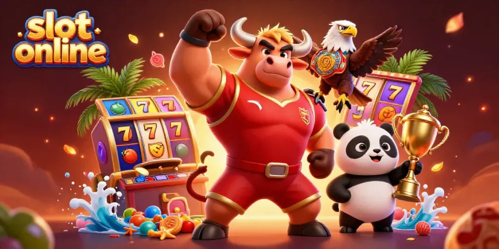 Memenangkan jackpot dalam slot online dengan karakter kartun beruang, elang, dan panda berinteraksi dalam ilustrasi kasino.
