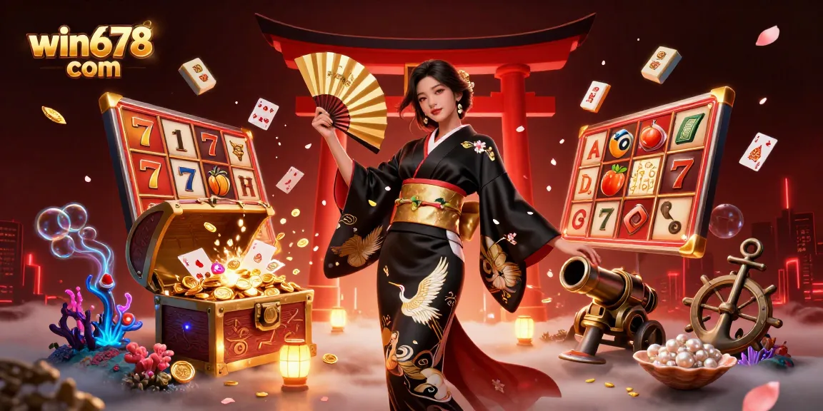 Experience the thrill of win678 com with a vibrant casino scene showcasing slots, treasures, and stunning visuals.