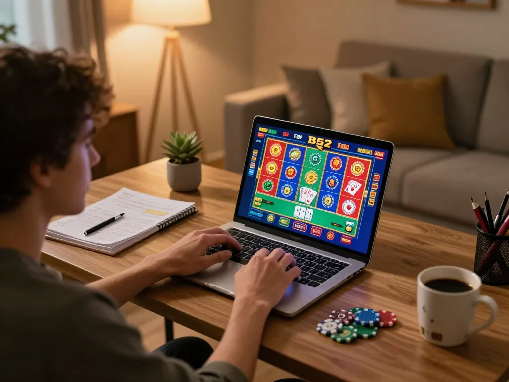 B52 online casino gaming with a player engaged on their laptop, colorful slots and poker visible