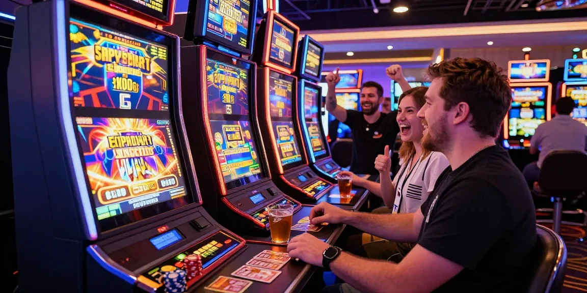 Pengalaman seru bermain di vegas123 dengan mesin slot yang berwarna-warni dan pemain merayakan kemenangan.