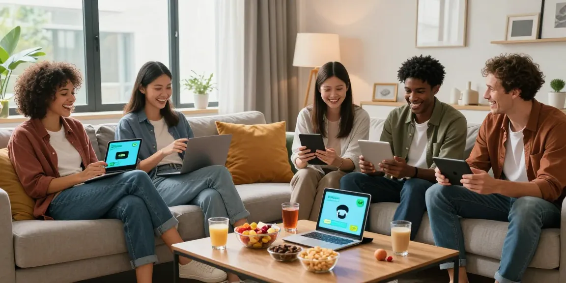 Playful engagement with an NSFW chat bot in a cozy living room, showcasing relaxed users interacting with virtual friends.