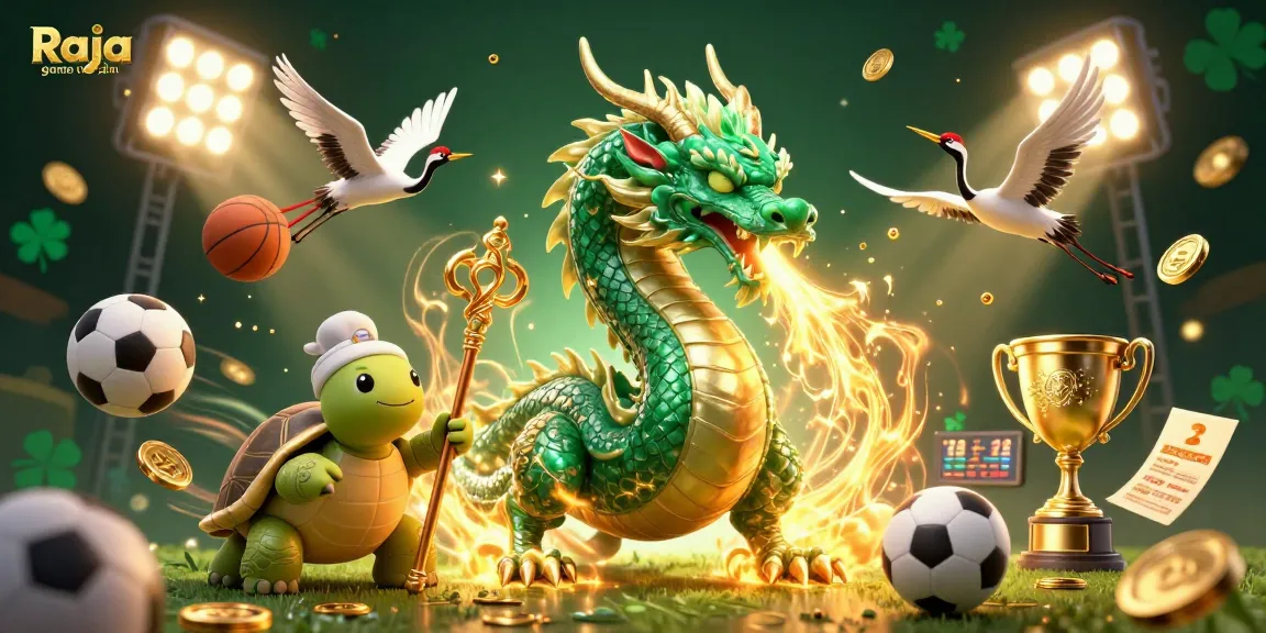 Engage in Raja game login with an ultra-detailed scene of a jade dragon, turtle sage, and lucky cranes amidst sports elements.