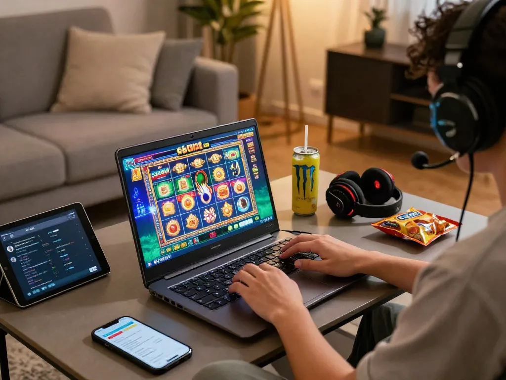 Engaged player enjoying slot maxwin game on laptop with gaming accessories in cozy living room setting