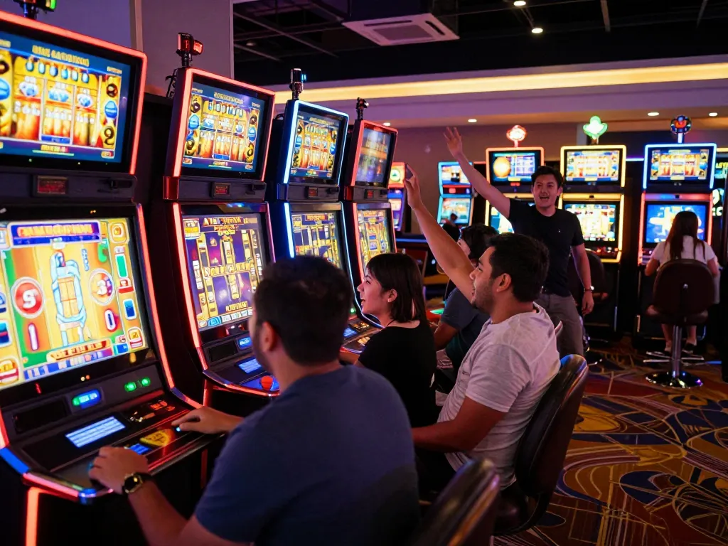 Exciting gameplay at slots not on Gamstop with players celebrating wins and colorful displays.