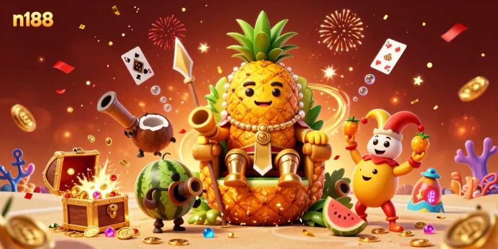 N188 casino illustration with a golden pineapple king and vibrant gaming elements.