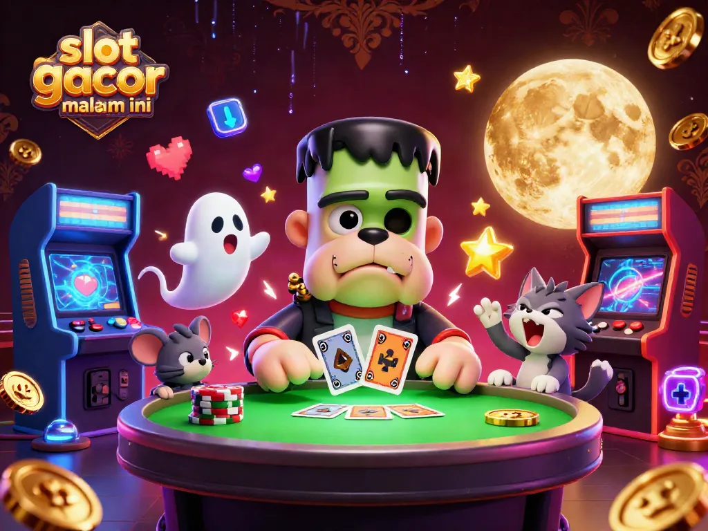 Mainkan slot gacor malam ini dengan karakter menarik dan elemen kasino seru dalam ilustrasi 3D yang mendalam.